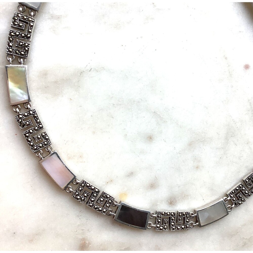 Sterling Marcasite Necklace Collar Mother of Pearl Greek Key 925 Silver 43g